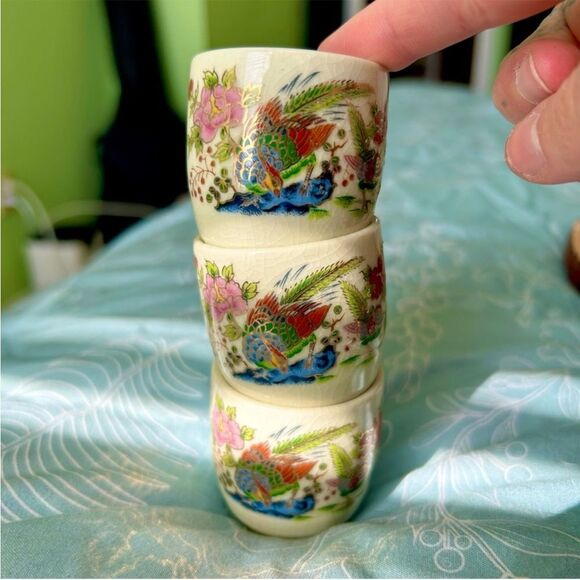 Oriental Vintage Rustic Retro Floral Bird Mini Cup Mug Collectible Set of 3 - Picture 11 of 11